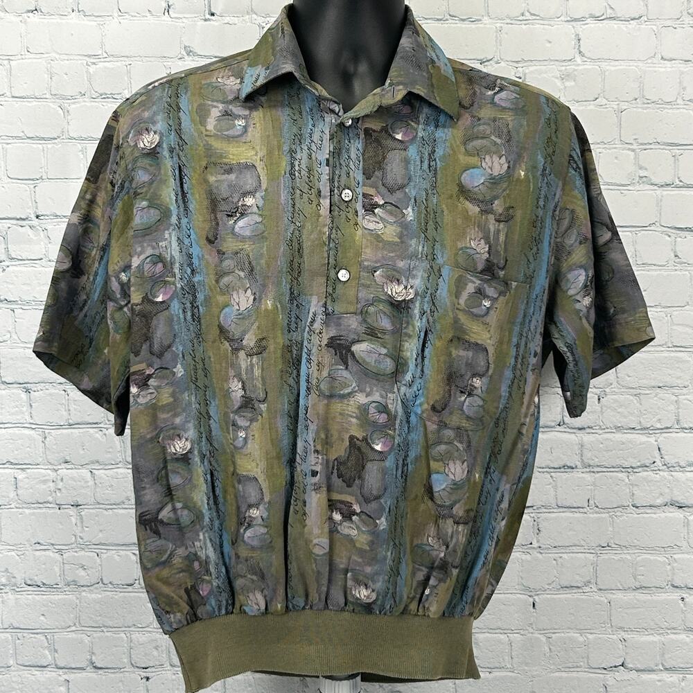 Vintage 70s D'Avila Polo Shirt Beige AOP Disco Short Sleeve Made In USA M Medium